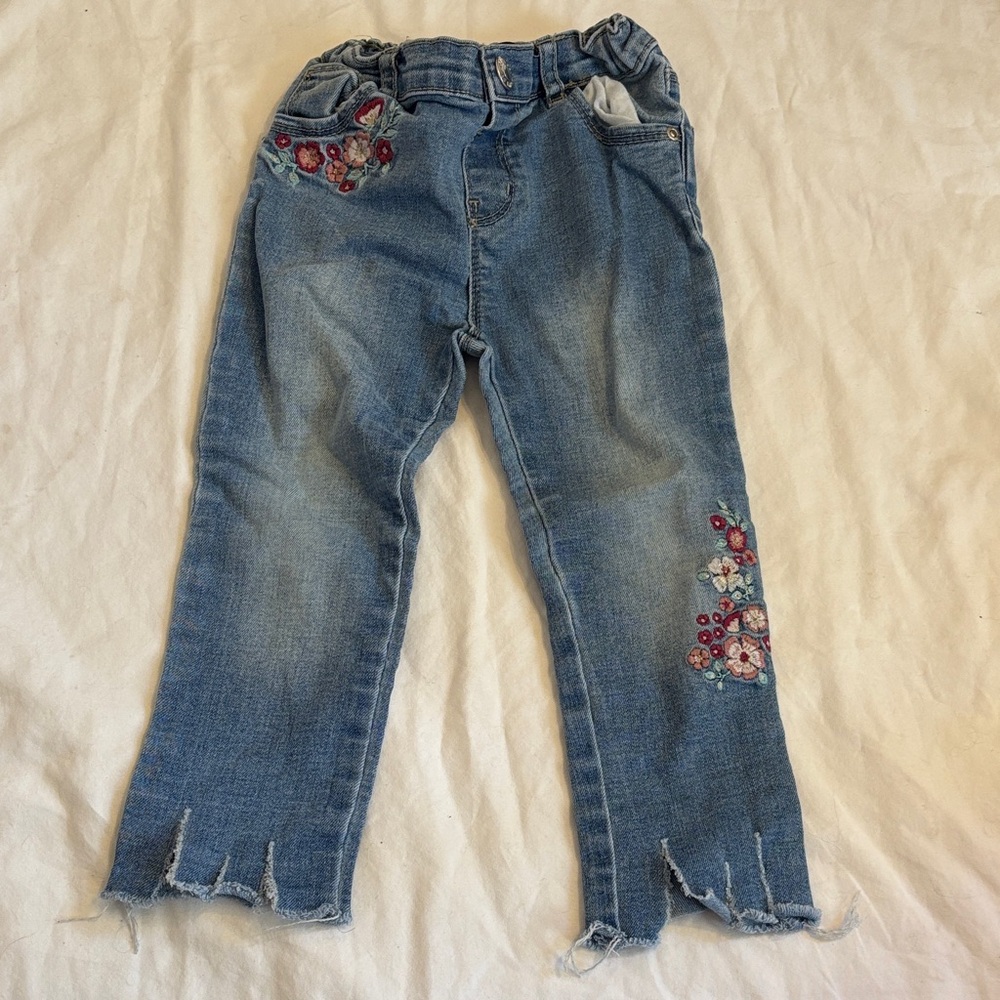 Girls' Blue Embroidered Denim Jeans with Elastic Waist